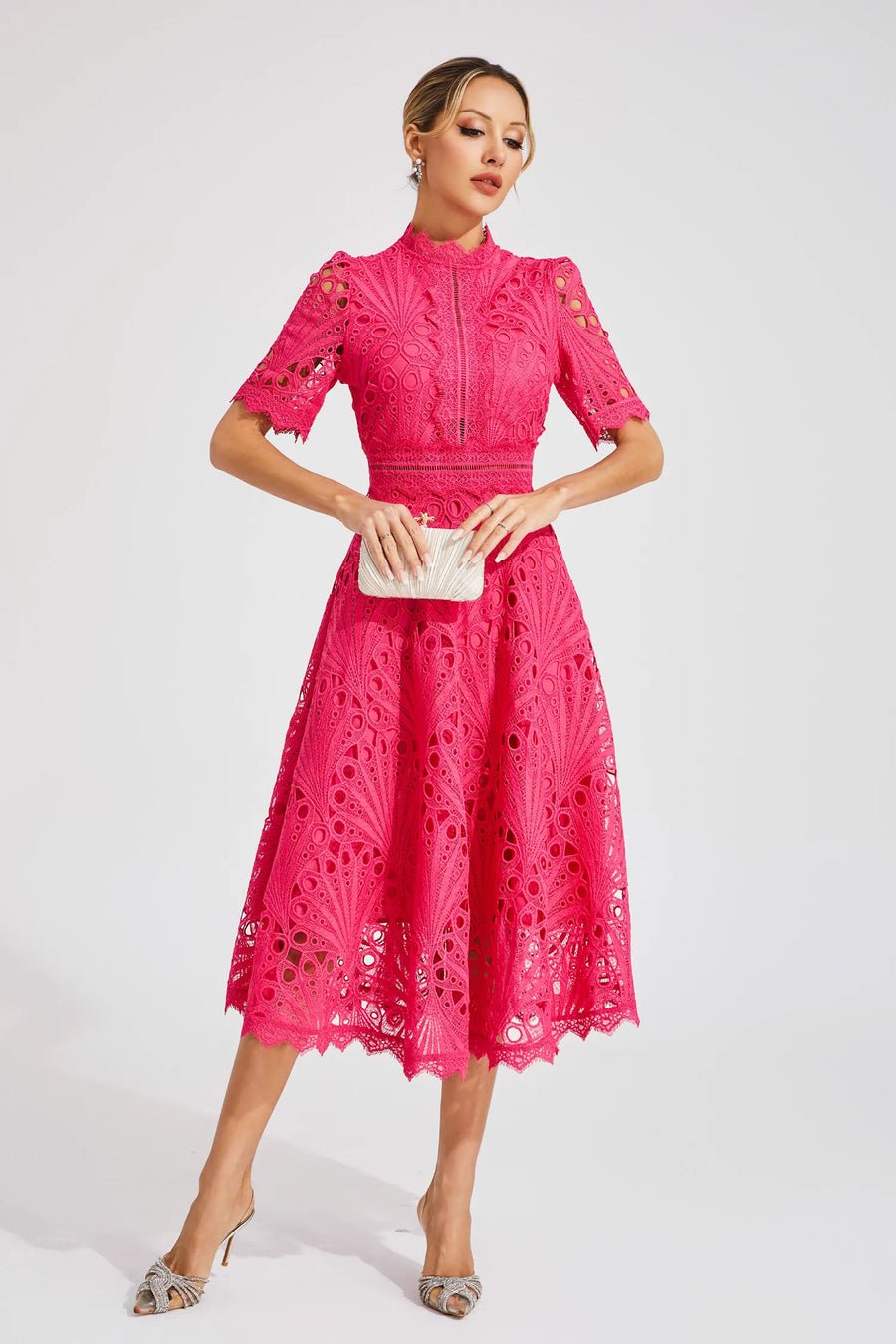 Freya - Embroidered Midi Dress with High Neck