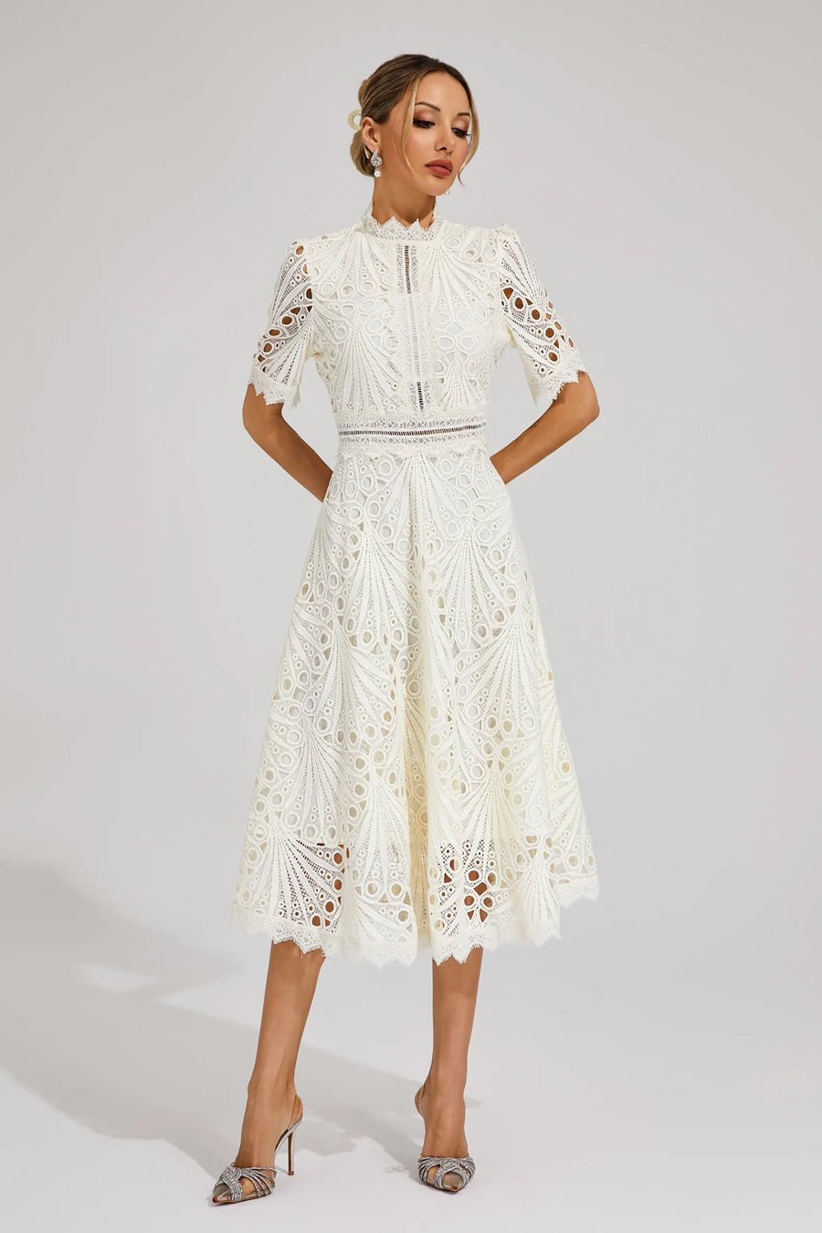 Freya - Embroidered Midi Dress with High Neck