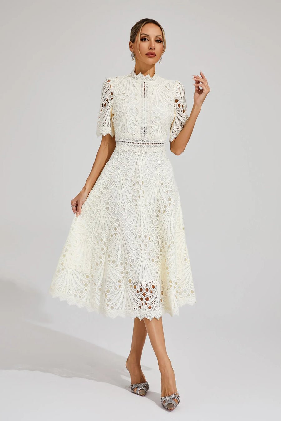 Freya - Embroidered Midi Dress with High Neck