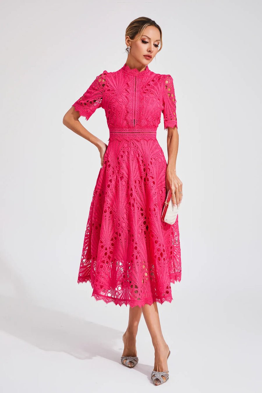 Freya - Embroidered Midi Dress with High Neck