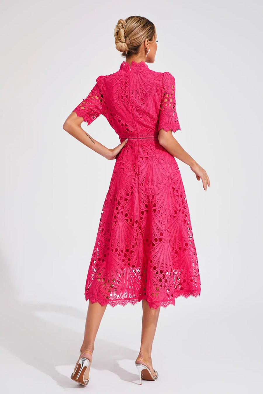 Freya - Embroidered Midi Dress with High Neck