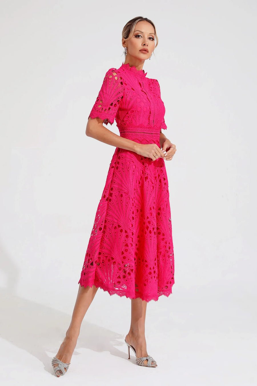 Freya - Embroidered Midi Dress with High Neck