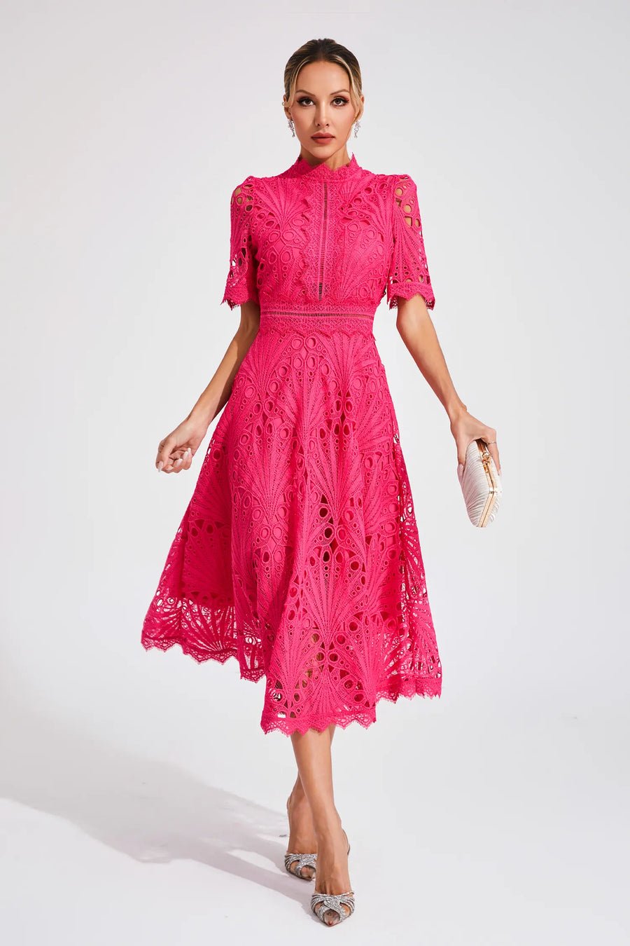 Freya - Embroidered Midi Dress with High Neck