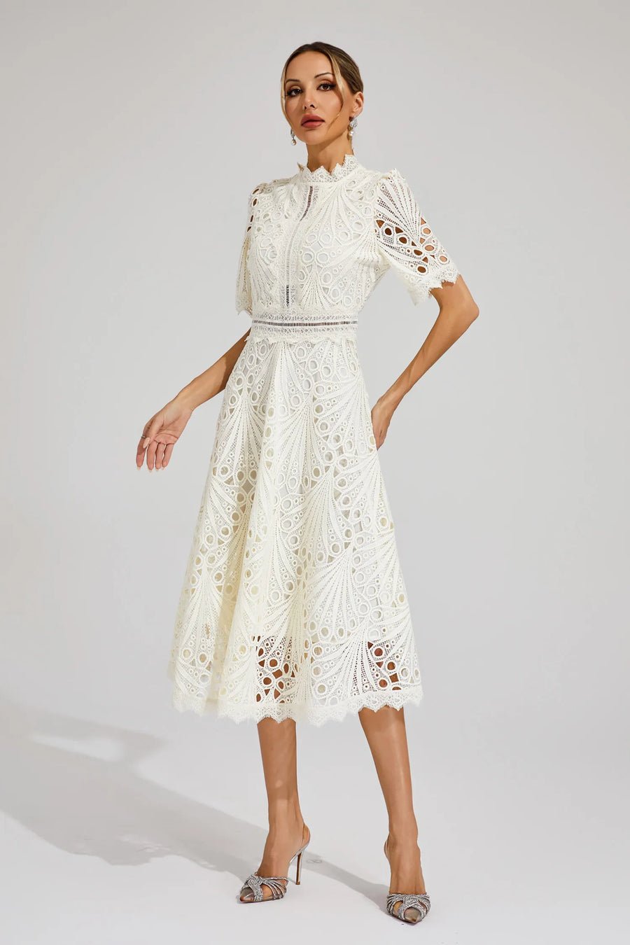 Freya - Embroidered Midi Dress with High Neck