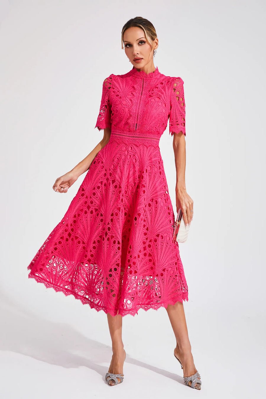 Freya - Embroidered Midi Dress with High Neck
