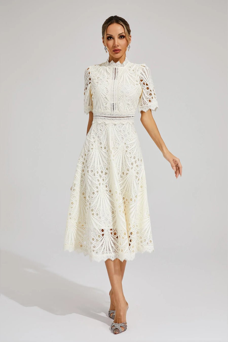 Freya - Embroidered Midi Dress with High Neck