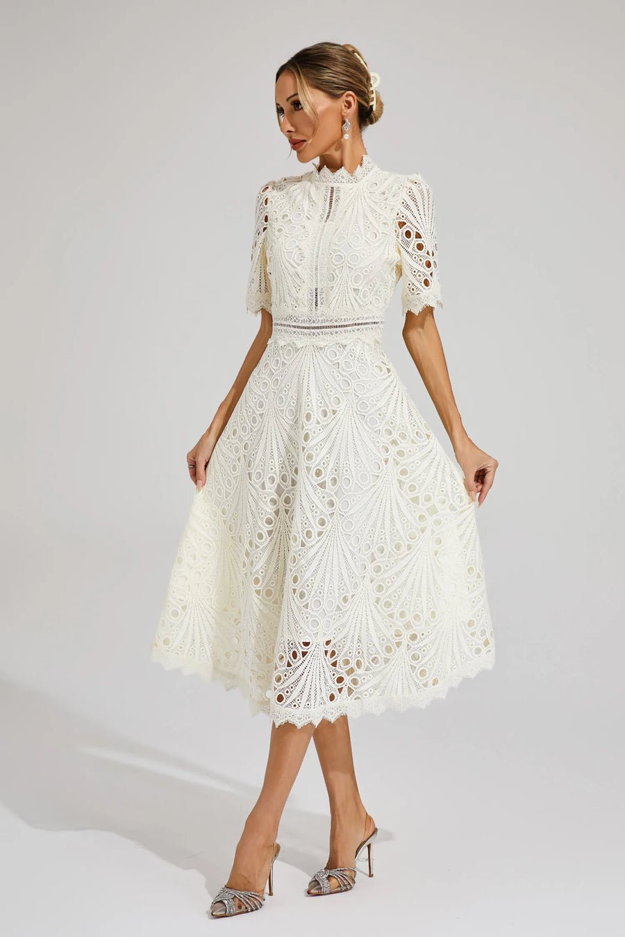 Freya - Embroidered Midi Dress with High Neck