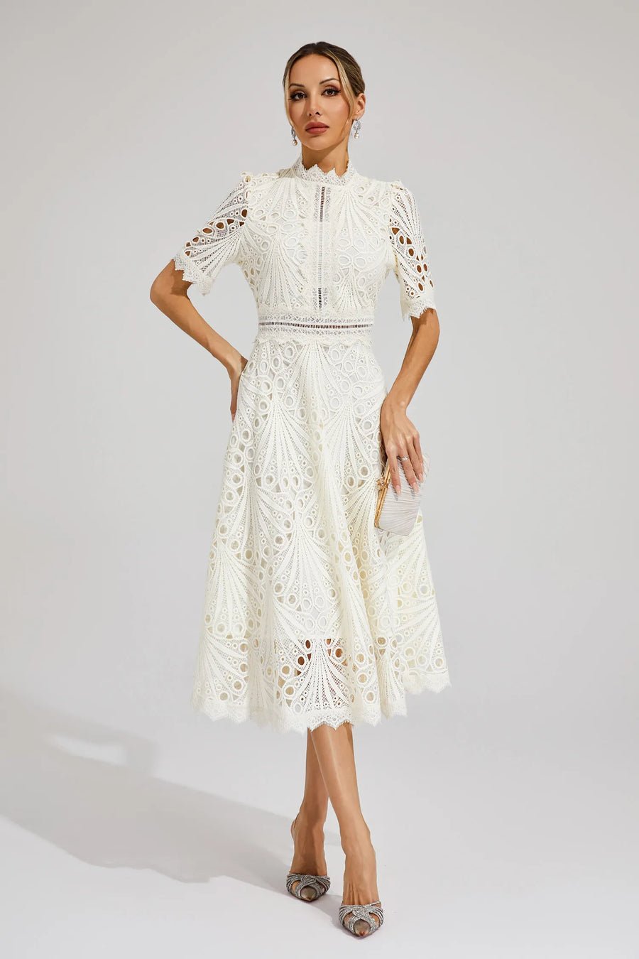 Freya - Embroidered Midi Dress with High Neck