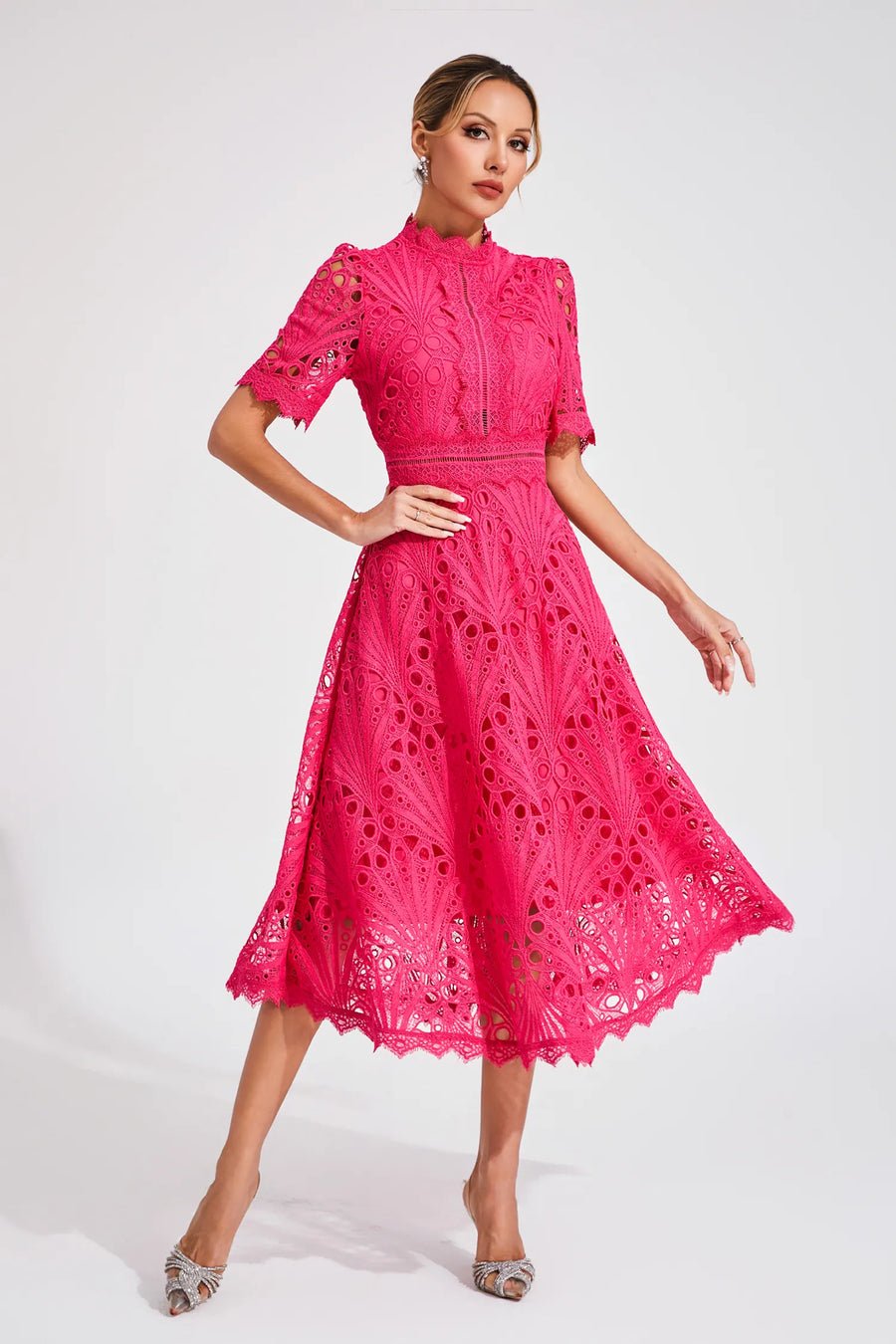 Freya - Embroidered Midi Dress with High Neck