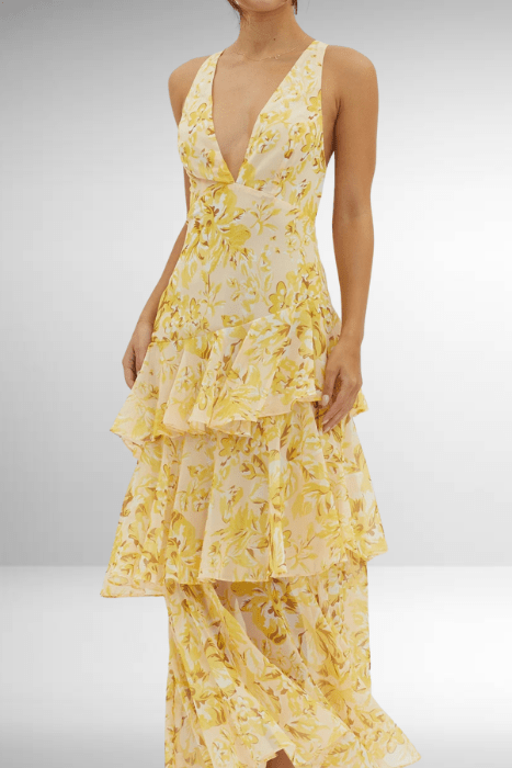 Solara - Tiered Floral Backless Maxi Dress