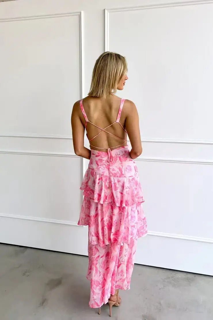 Solara - Tiered Floral Backless Maxi Dress