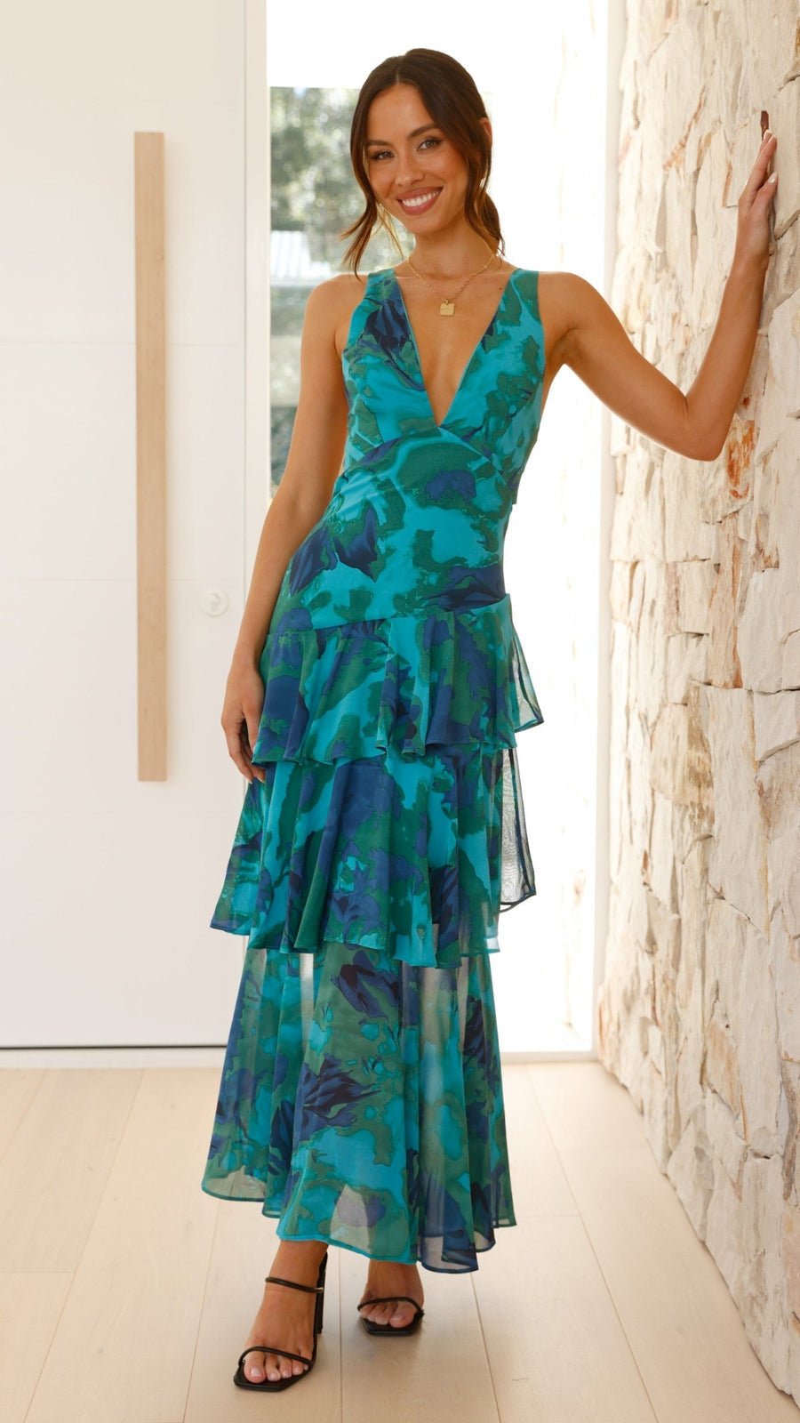 Solara - Tiered Floral Backless Maxi Dress