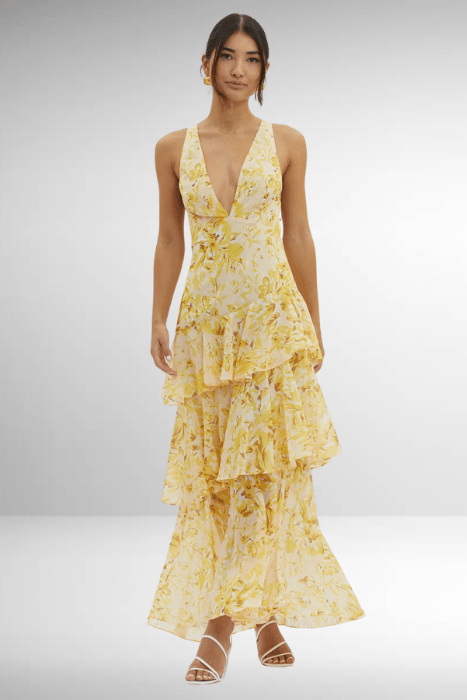 Solara - Tiered Floral Backless Maxi Dress