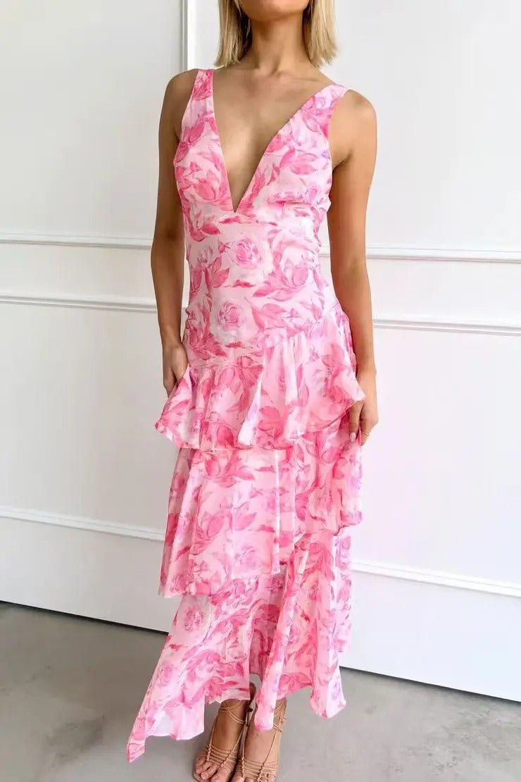 Solara - Tiered Floral Backless Maxi Dress